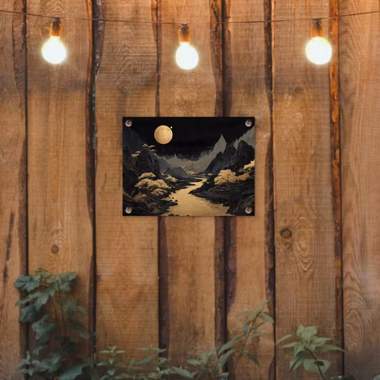 Gouden rivier - Bergen - Maan - Sterrenhemel tuinposter los doek klein -sfeer1