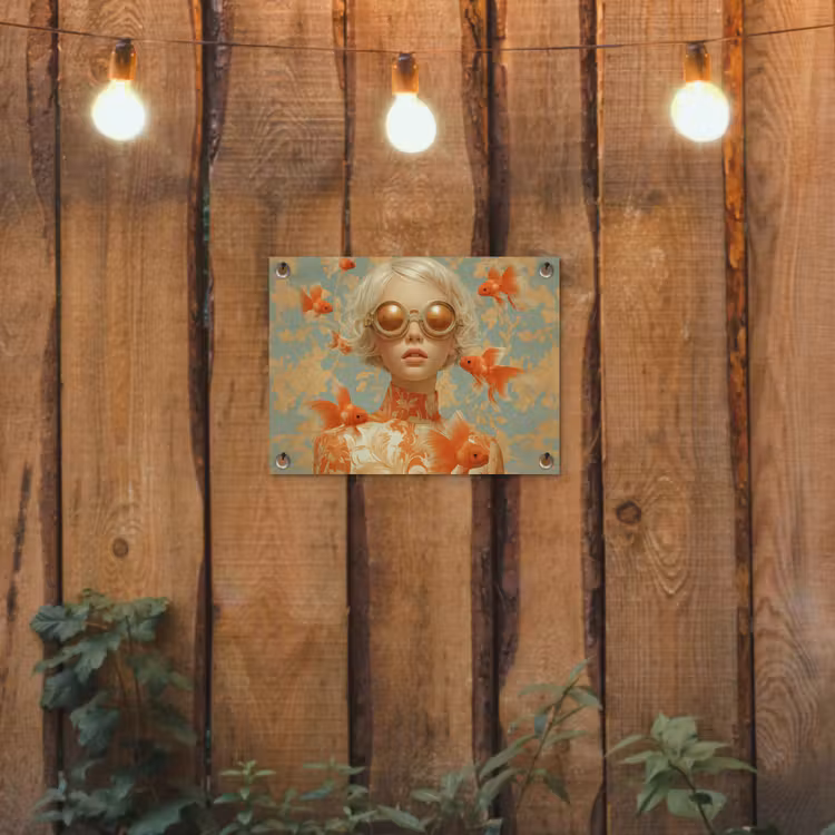 Goudvissen - Oranje - Vrouw - Blond tuinposter los doek klein -sfeer1