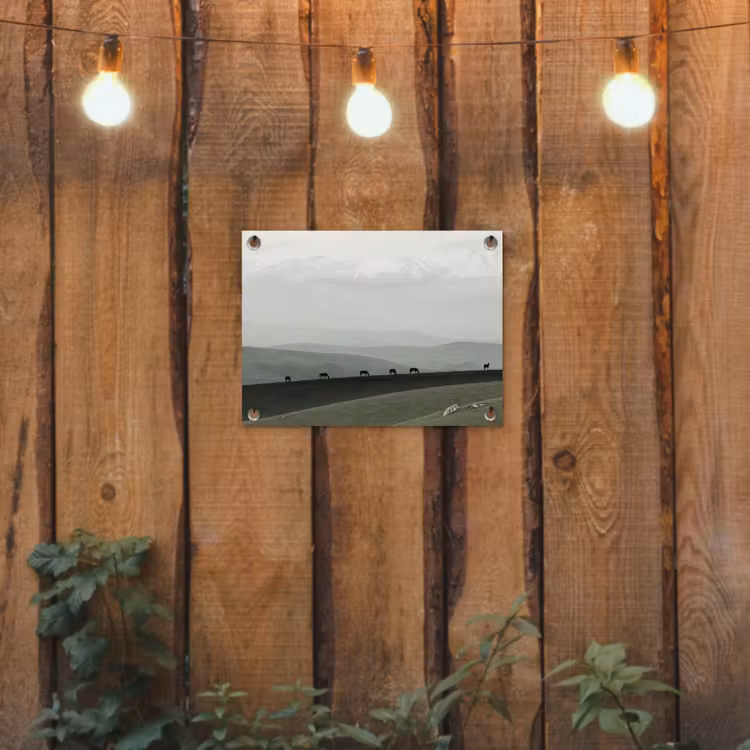Grijs - Berg - Paarden tuinposter los doek klein -sfeer1