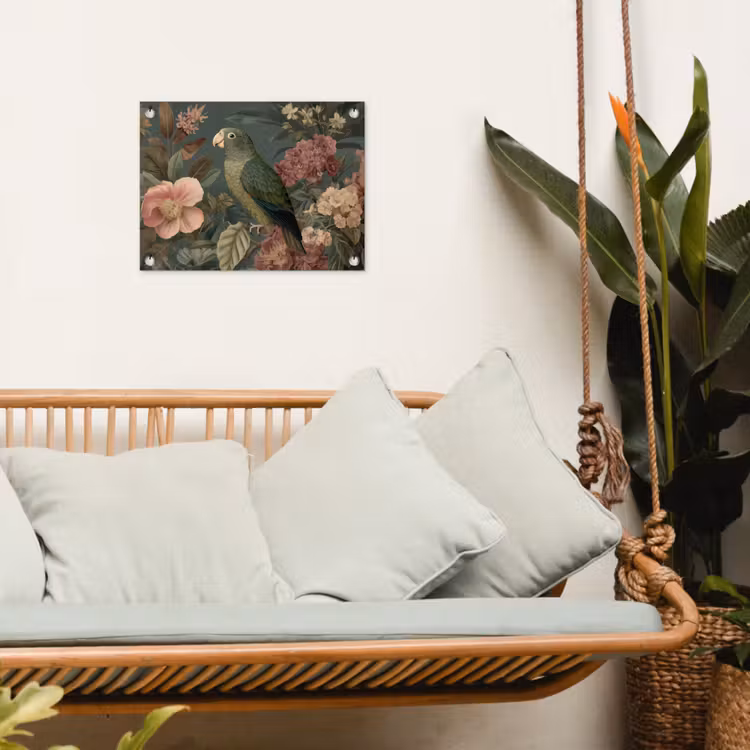 Groene papegaai - Kleurrijke bloemen - Donkere achtergrond tuinposter los doek klein -sfeer7