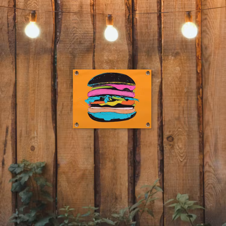 Hamburger - Kleurrijk - Speels tuinposter los doek klein -sfeer1