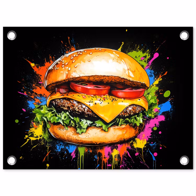 Hamburger - Graffiti - Verf - Kleurrijk - Eten - Abstract tuinposter los doek klein -3d
