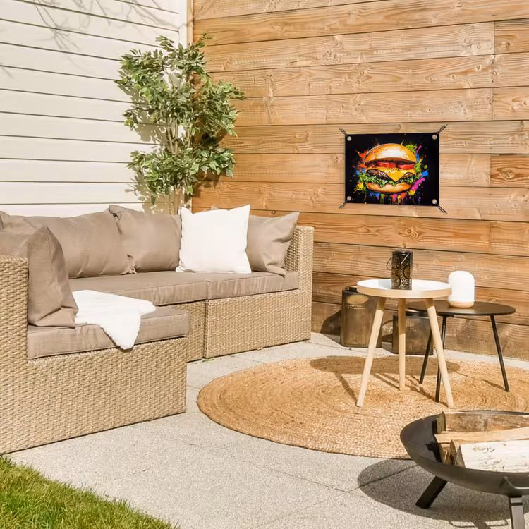 Hamburger - Graffiti - Verf - Kleurrijk - Eten - Abstract tuinposter los doek klein -sfeer4