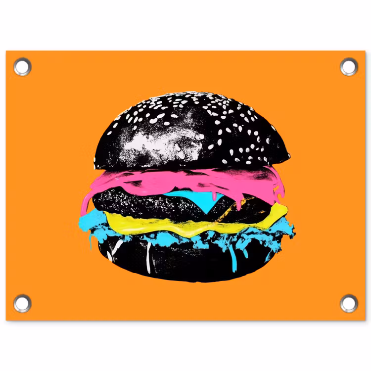 Hamburger - Oranje - Neon - popart tuinposter los doek klein -3d