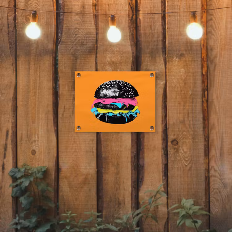 Hamburger - Oranje - Neon - popart tuinposter los doek klein -sfeer1
