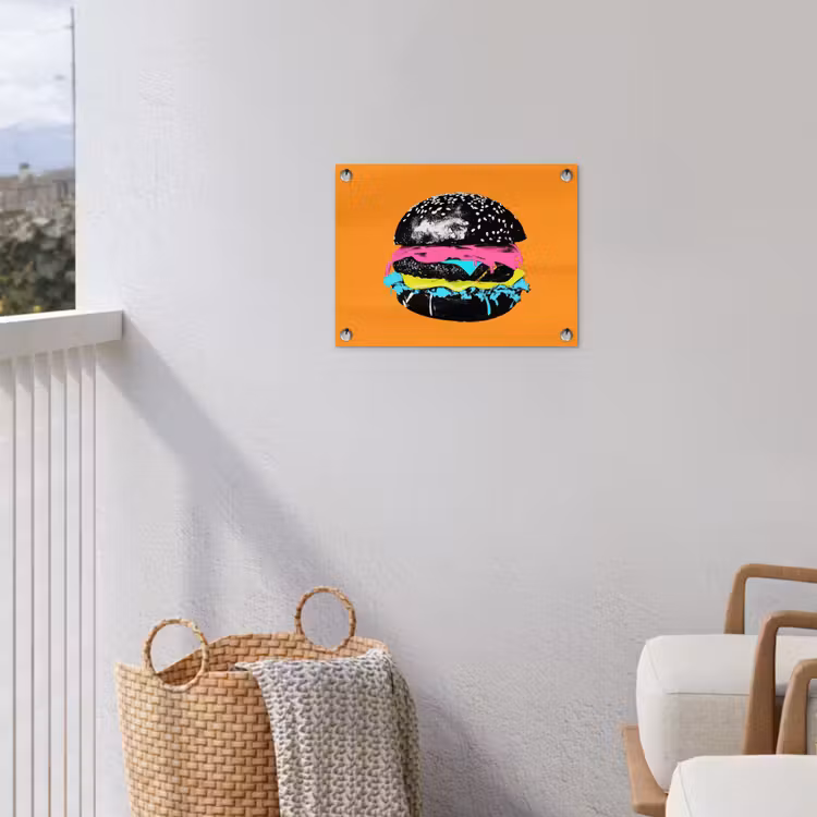 Hamburger - Oranje - Neon - popart tuinposter los doek klein -sfeer8