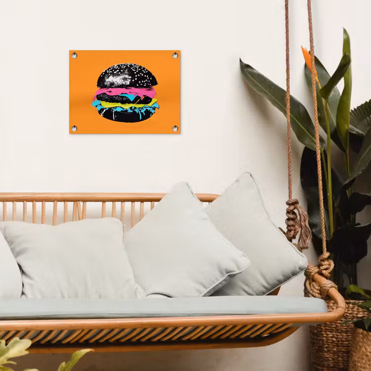 Hamburger - Oranje - Neon - popart tuinposter los doek klein -sfeer7
