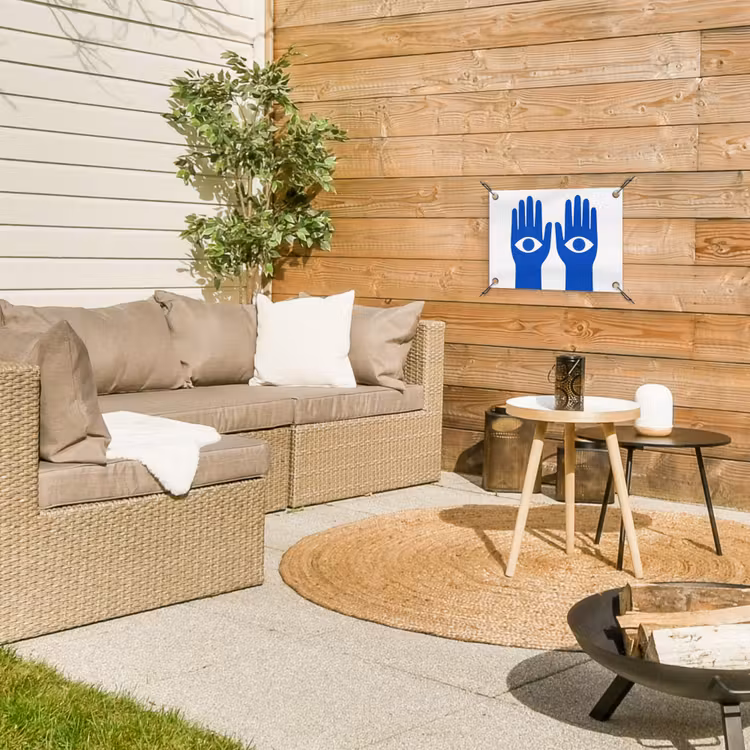 Handen - Twee - Ogen - Blauw tuinposter los doek klein -sfeer4
