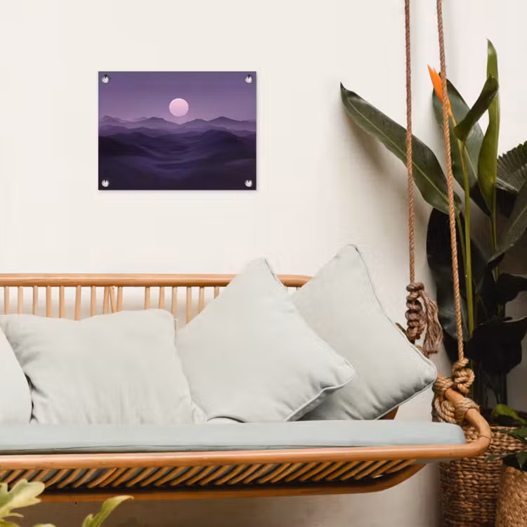 Heuvels - Paars - Mist - Zon tuinposter los doek klein -sfeer7
