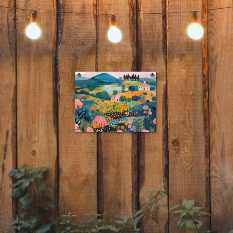 Heuvellandschap - Fantasierijk - Kleurcontrasten tuinposter los doek klein -sfeer1
