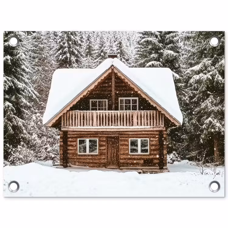 Huis - Bos - Winter - Natuur - Sneeuw tuinposter los doek klein -3d