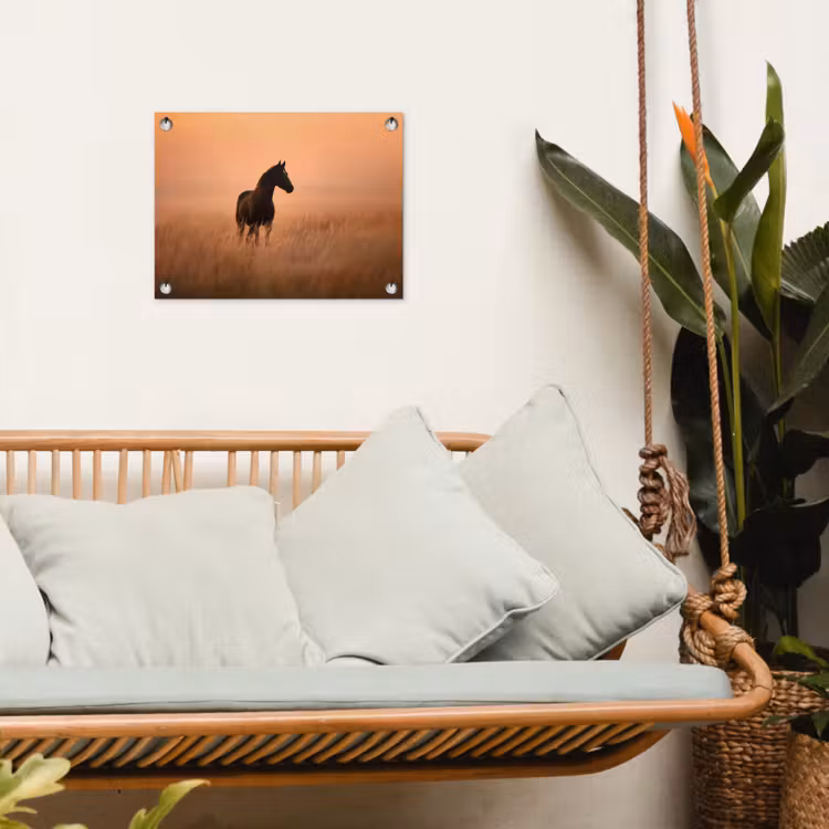 Paard - Grasveld - Zonsondergang tuinposter los doek klein -sfeer7