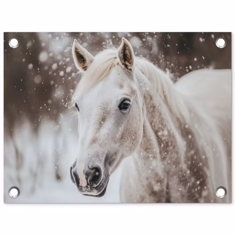 Paard - Wit - Winter - Natuur - Sneeuw - Dieren tuinposter los doek klein -3d