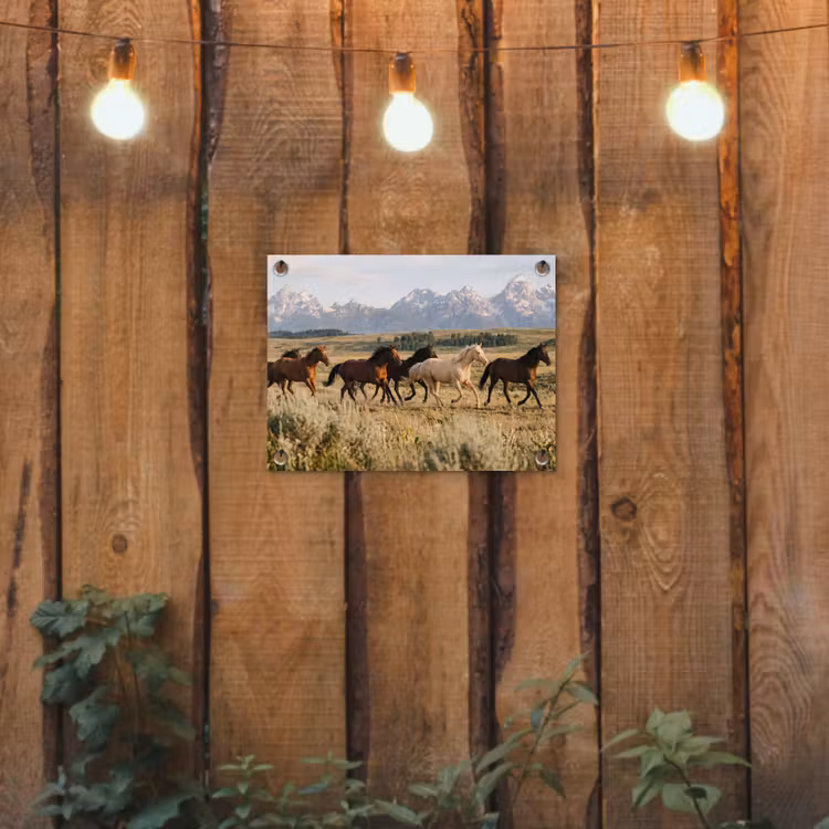Paarden - Kudde - Bergen - Vrijheid - Wild tuinposter los doek klein -sfeer1