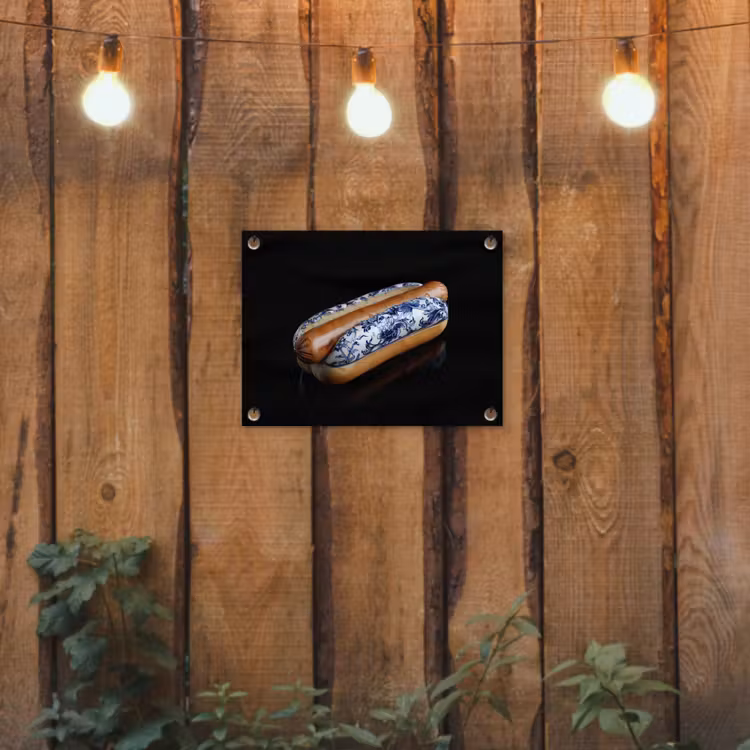 Hotdog - Porselein - Delfts blauw - Eten tuinposter los doek klein -sfeer1
