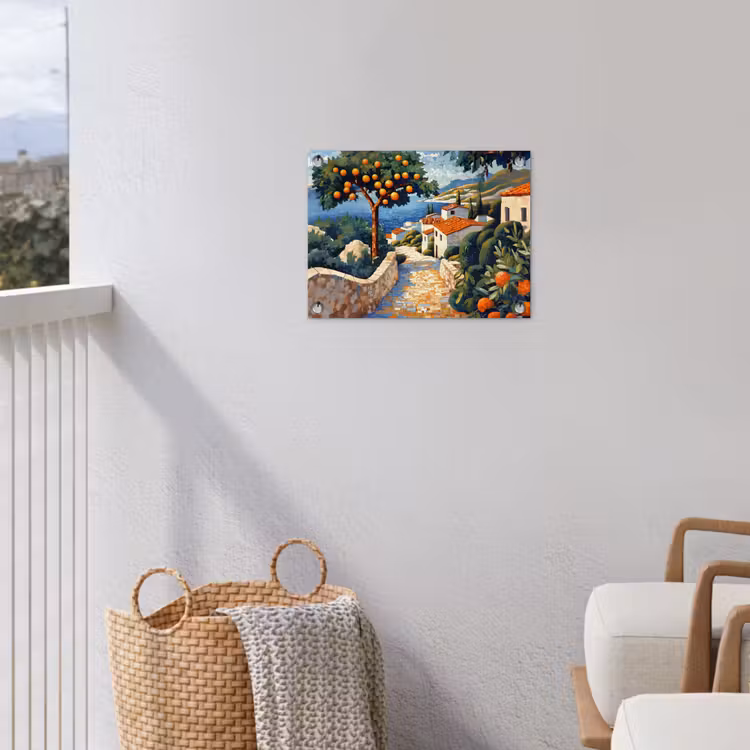 Huizen - Mozaïek - Sinaasappelbomen - Zee tuinposter los doek klein -sfeer8