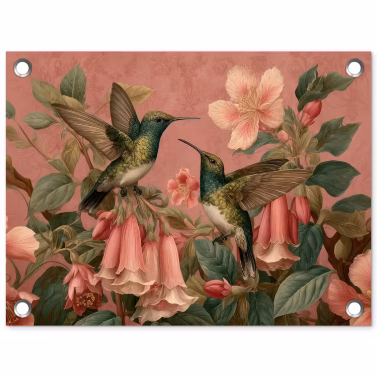 Kolibries - Bloemen - Groen - Roze tuinposter los doek klein -3d