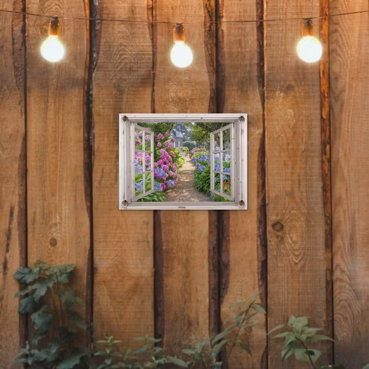 Hortensia - Doorkijk - Bloemen - Zomer - Paars - Pad tuinposter los doek klein -sfeer1