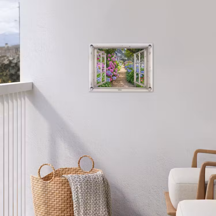 Hortensia - Doorkijk - Bloemen - Zomer - Paars - Pad tuinposter los doek klein -sfeer8