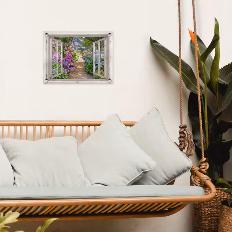Hortensia - Doorkijk - Bloemen - Zomer - Paars - Pad tuinposter los doek klein -sfeer7