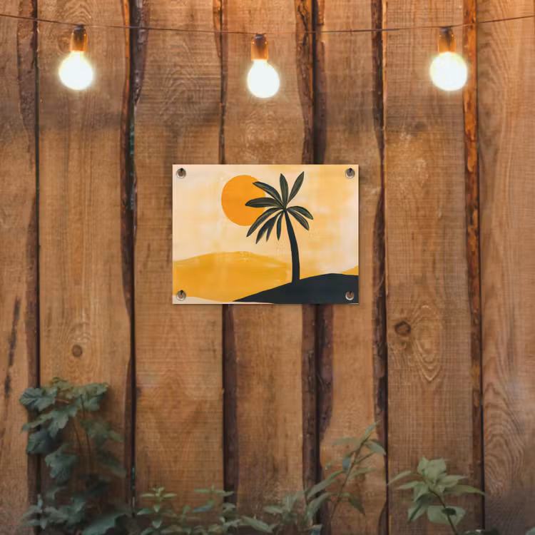 Illustratie - Palmboom - Zon - Heuvels tuinposter los doek klein -sfeer1