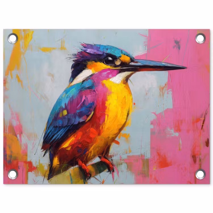Ijsvogel - Roze - Tak - Penseelstreken tuinposter los doek klein -3d