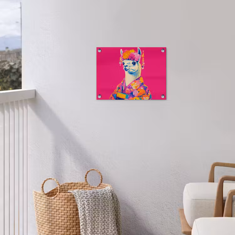 Lama - Kimono - Bloemenkrans - Felroze tuinposter los doek klein -sfeer8
