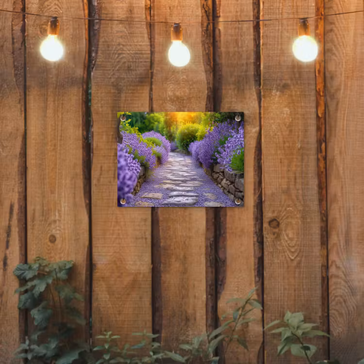 Lavendelpad bij zonsondergang tuinposter los doek klein -sfeer1