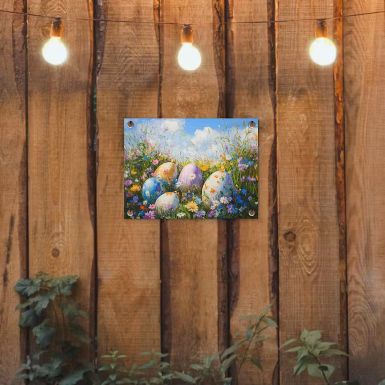 Grasveld - Eieren - Bloemen tuinposter los doek klein -sfeer1