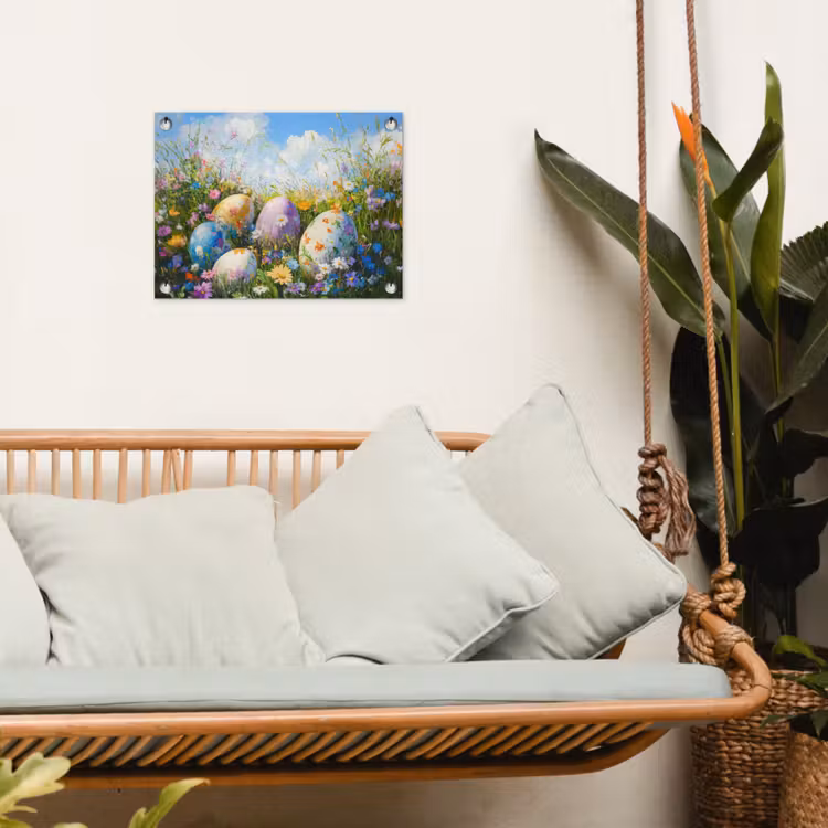 Grasveld - Eieren - Bloemen tuinposter los doek klein -sfeer7