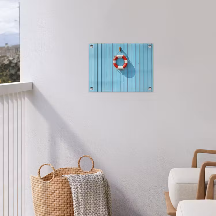 Reddingsboei - Houten wand - Blauw tuinposter los doek klein -sfeer8