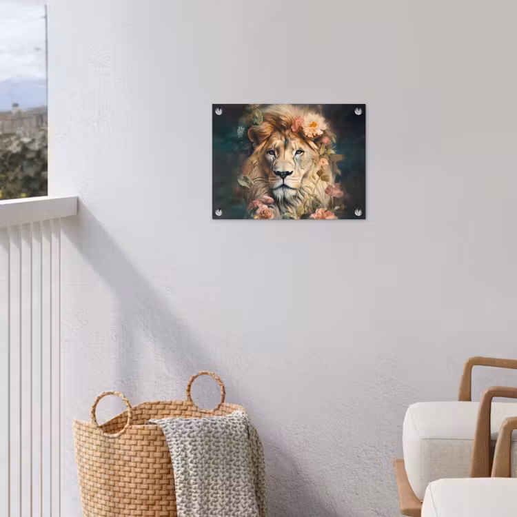 Leeuw - Leeuwenkop - Wilde dieren - Bloemen tuinposter los doek klein -sfeer8