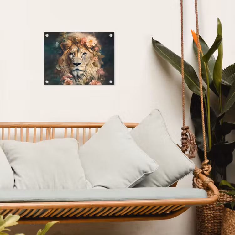 Leeuw - Leeuwenkop - Wilde dieren - Bloemen tuinposter los doek klein -sfeer7