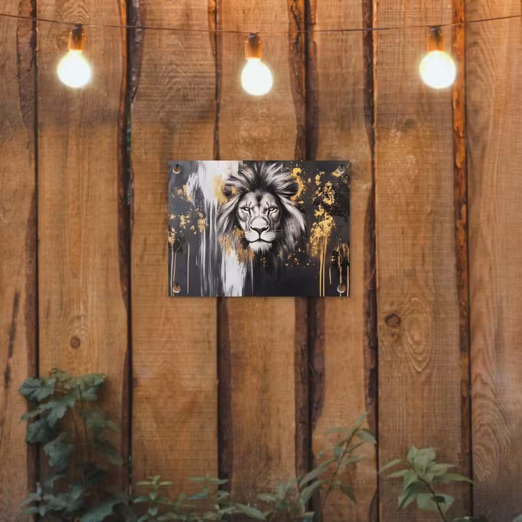 Leeuw - Portret - Verfspatten - Grijs tuinposter los doek klein -sfeer1