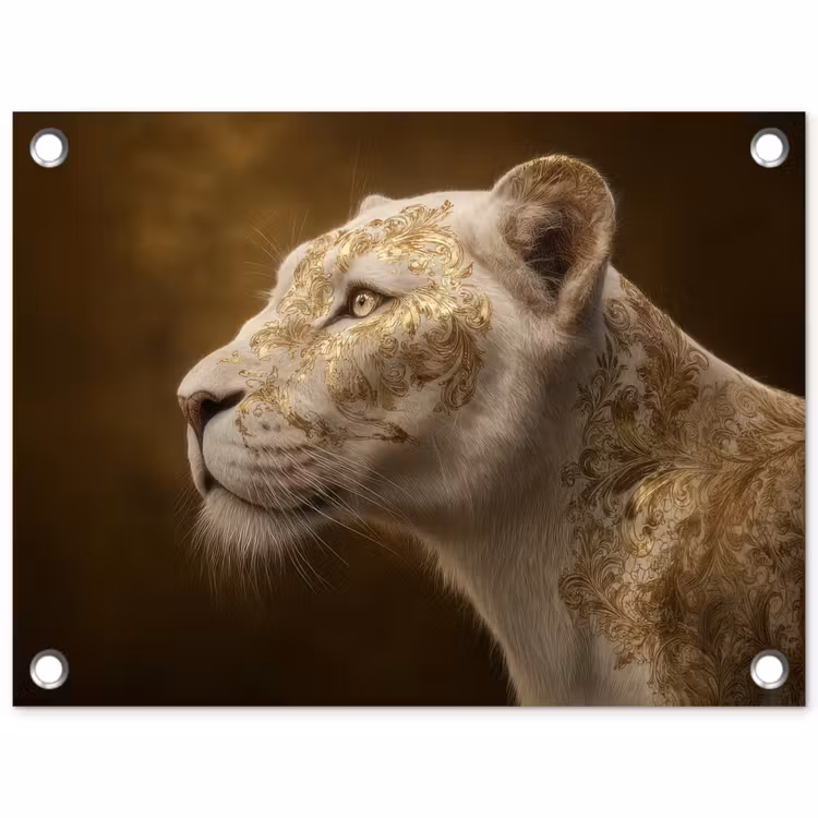Leeuwin - Bloemen - Wit - Goud tuinposter los doek klein -3d