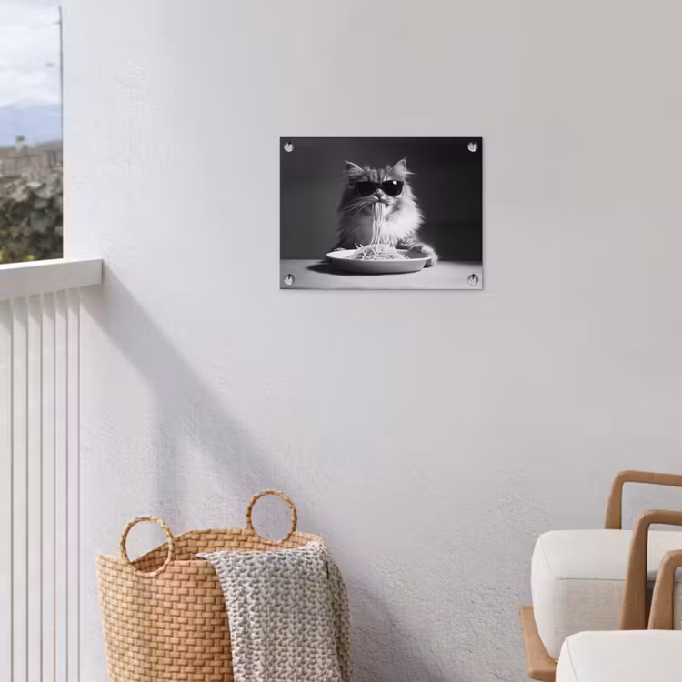 Langharige kat - Zonnebril - Spaghetti - Humor - Zwart - wit tuinposter los doek klein -sfeer8