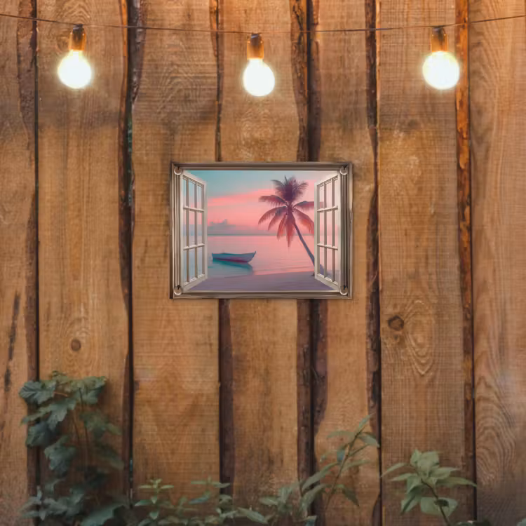 Doorkijk - Strand - Palmboom - Tropisch tuinposter los doek klein -sfeer1