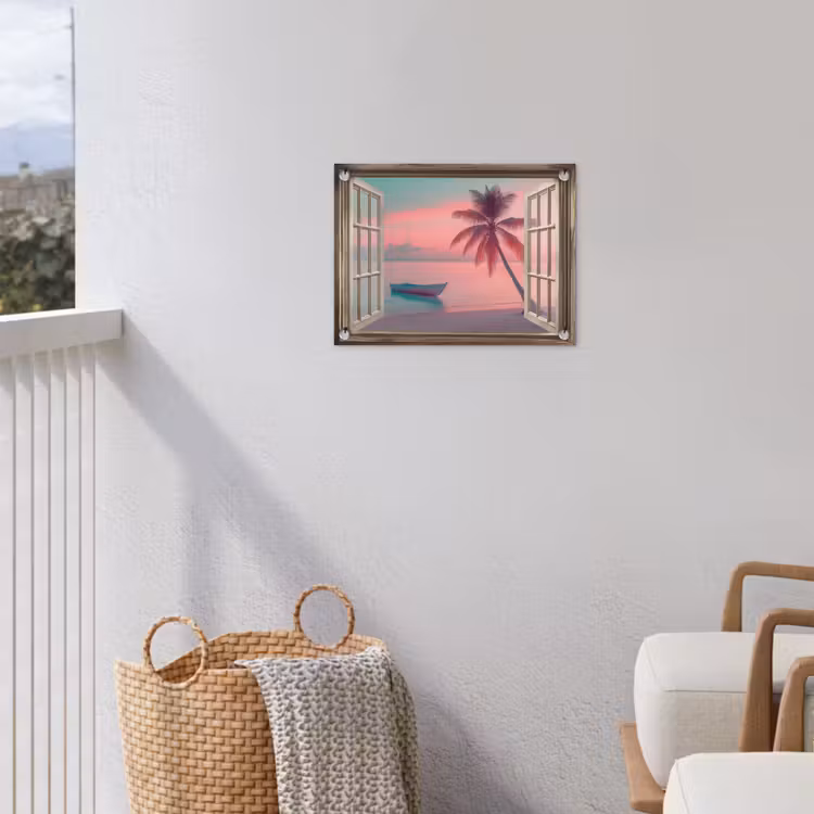 Doorkijk - Strand - Palmboom - Tropisch tuinposter los doek klein -sfeer8