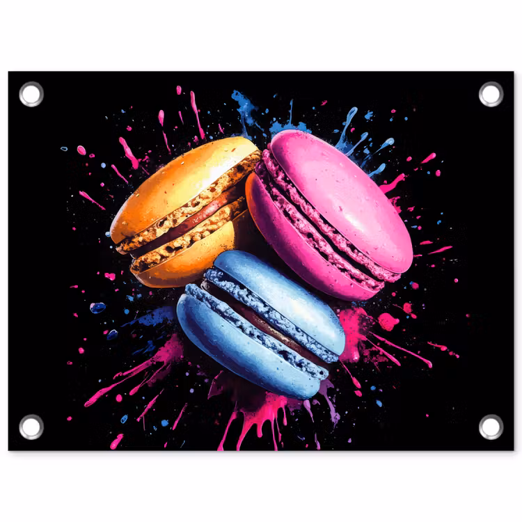 Macarons - Dessert - Graffiti - Kleurrijk - Roze - Blauw - Geel tuinposter los doek klein -3d