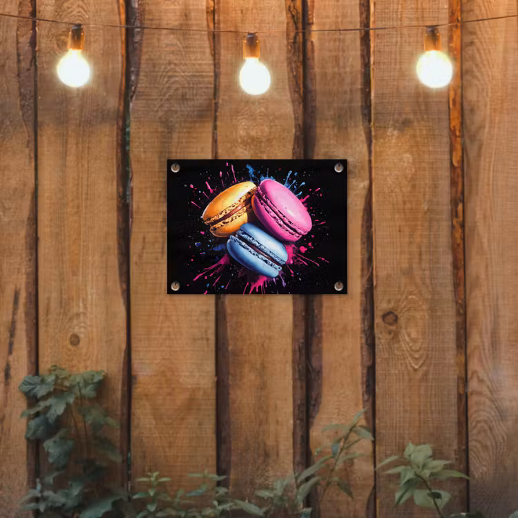 Macarons - Dessert - Graffiti - Kleurrijk - Roze - Blauw - Geel tuinposter los doek klein -sfeer1