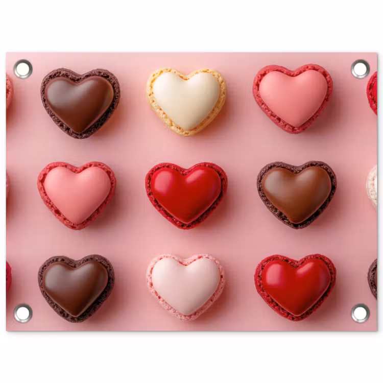 Macarons - Hartjes - Kleurrijk - Roze tuinposter los doek klein -3d
