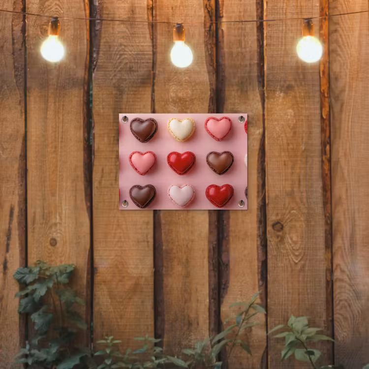 Macarons - Hartjes - Kleurrijk - Roze tuinposter los doek klein -sfeer1