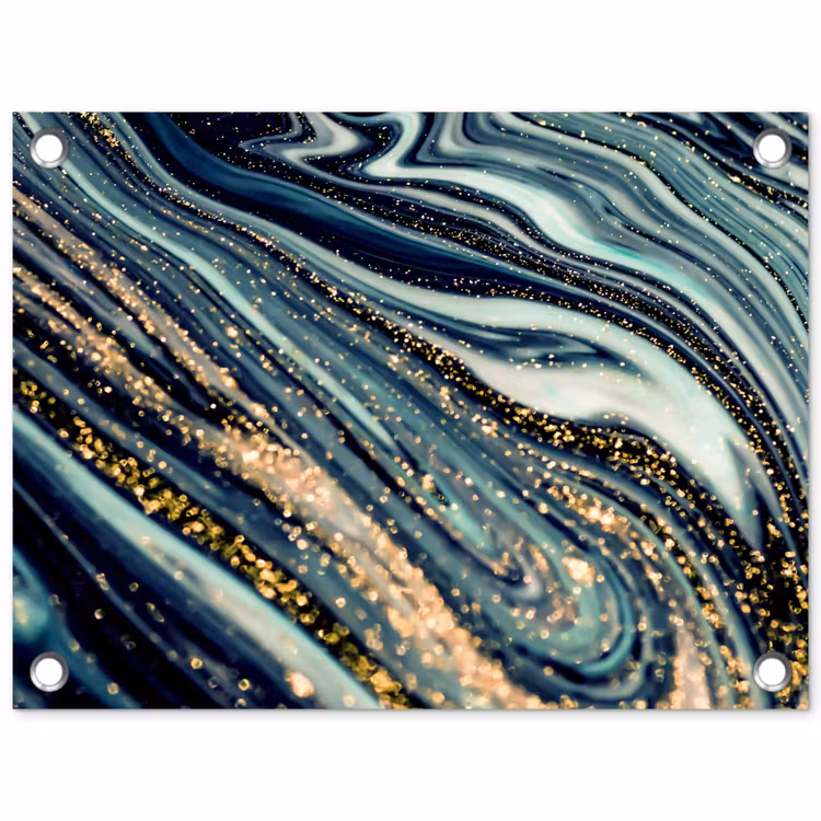 Marmer - Goud - Blauw - Glitter - Marmerlook - Abstract tuinposter los doek klein -3d