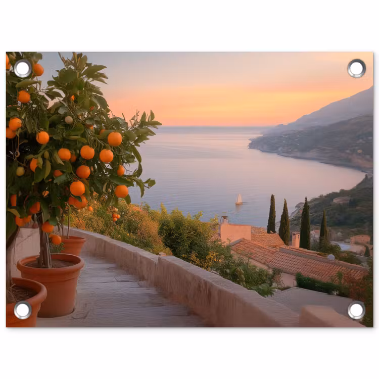 Middelandse zee - Sinaasappel - Heuvels - Zee tuinposter los doek klein -3d