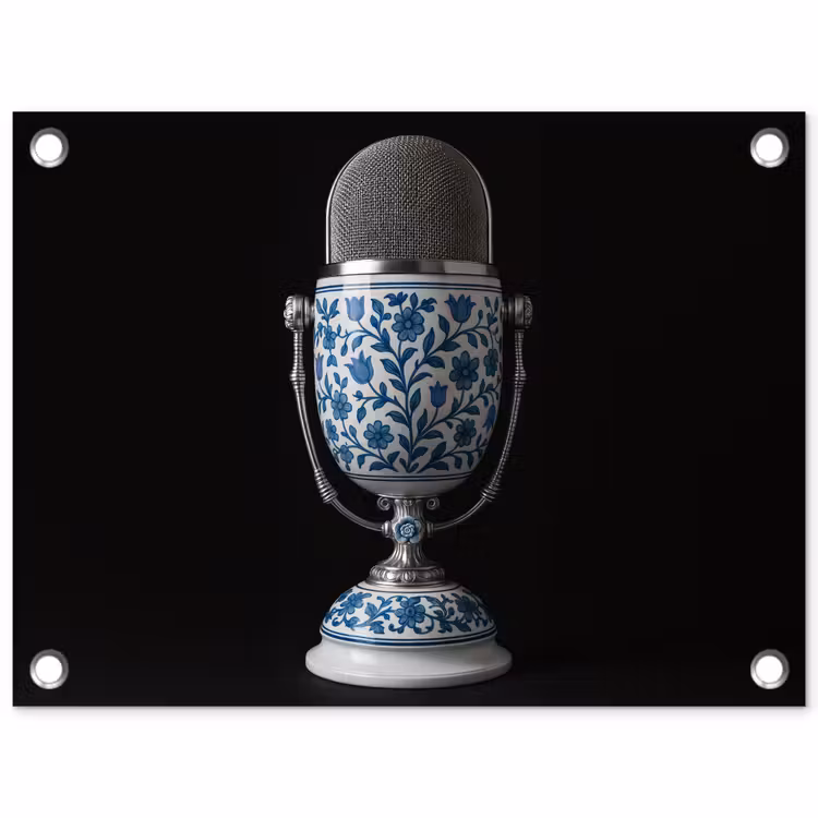 Microfoon - Delfts blauw - Muziek tuinposter los doek klein -3d