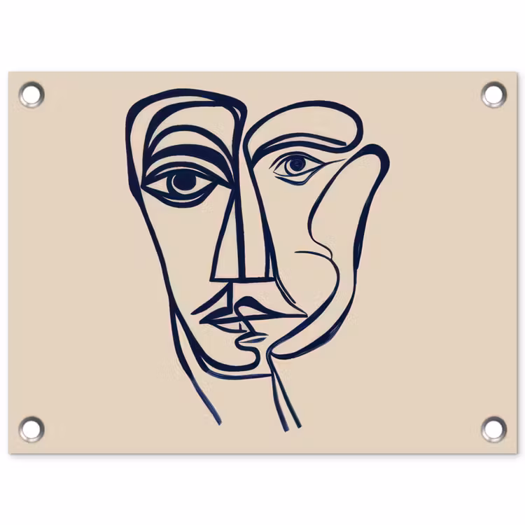 Minimalistisch - Lijnillustratie - Beige - Donkerblauw tuinposter los doek klein -3d