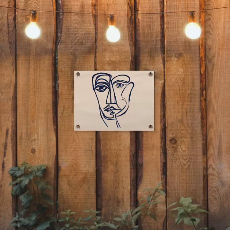 Minimalistisch - Lijnillustratie - Beige - Donkerblauw tuinposter los doek klein -sfeer1