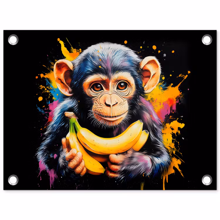 Aap - Graffiti - Kleurrijk - Bananen - Modern tuinposter los doek klein -3d