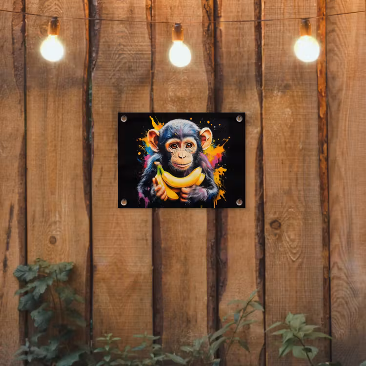 Aap - Graffiti - Kleurrijk - Bananen - Modern tuinposter los doek klein -sfeer1