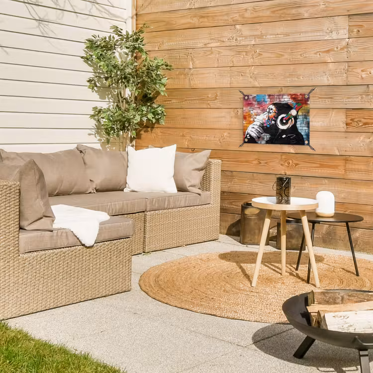 Aap met Koptelefoon tuinposter los doek klein -sfeer4